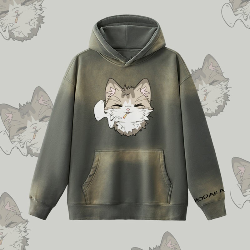 MODAKAWA Kapuzenpullover mit Raucherkatzen-Motiv, Vintage-Waschung, Fleece-Futter - Grey - 2XL - image 4
