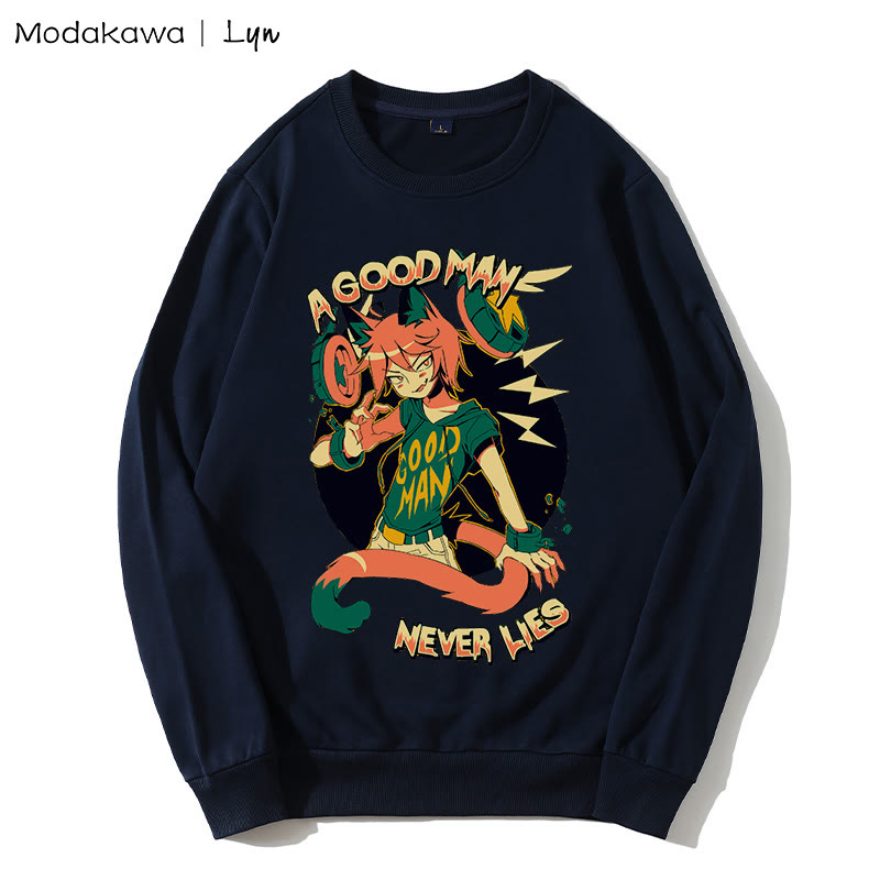MODAKAWA X Lyn Sweatshirt mit rundem Kragen und Kitty-Man-Print „A GOOD MAN NEVER LIES“ - Purplish Blue - 5XL - image 4