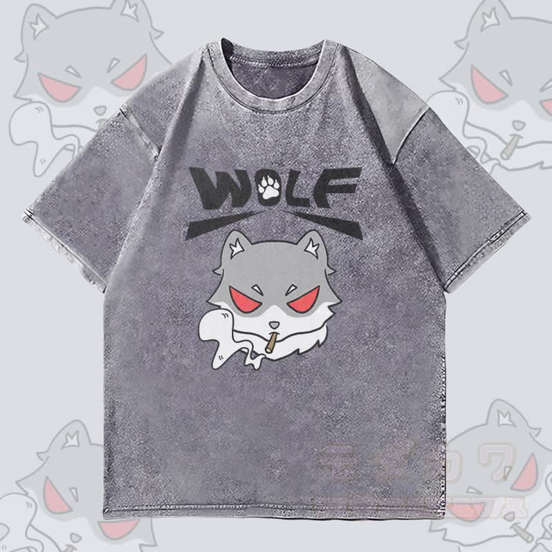 MODAKAWA Smoking Wolf Grafik Unisex Vintage Washed T-Shirt - Grau - 4XL - image 3