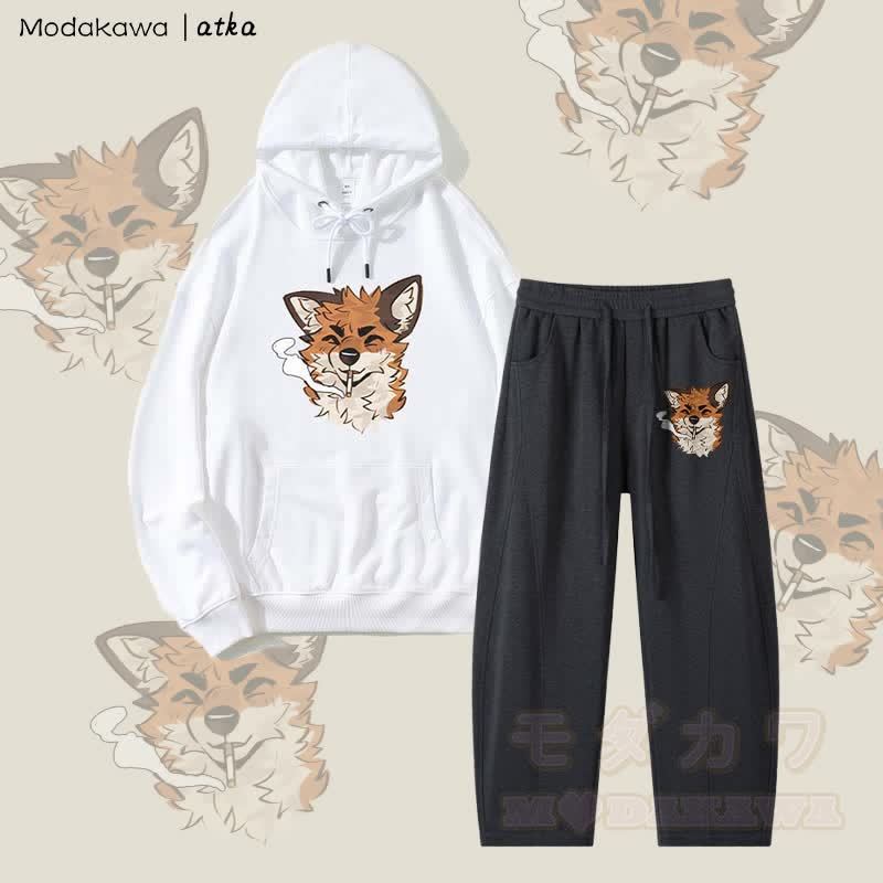 MODAKAWA X atka Fox Smoking Graphic Hoodie Herren Kordelzughose Zweiteiliges Set - Weiß & Dunkelgrau - 4XL - image 6