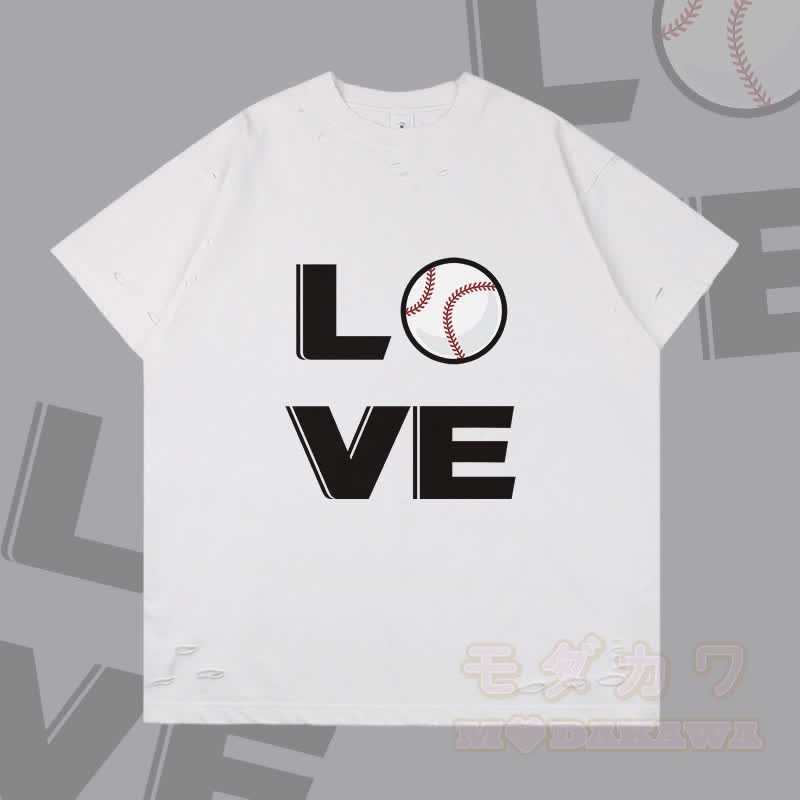 MODAKAWA LOVE Baseball Grafik Zerrissenes T-Shirt - Weiß - 2XL - image 4