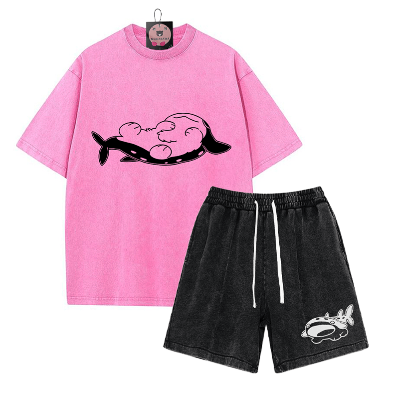 Verspieltes T-Shirt mit Pupfish-Grafik und verwaschenen Shorts im Vintage-Stil, zweiteiliges Set - Rose Red&Black - 3XL - image 10