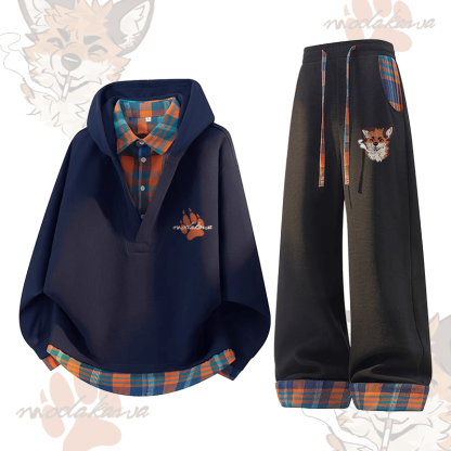 MODAKAWA X atka Fox Smoking Graphic Plaid Hoodie Pants Two Pieces Set - Purplish Blue & Black - 3XL - image 4