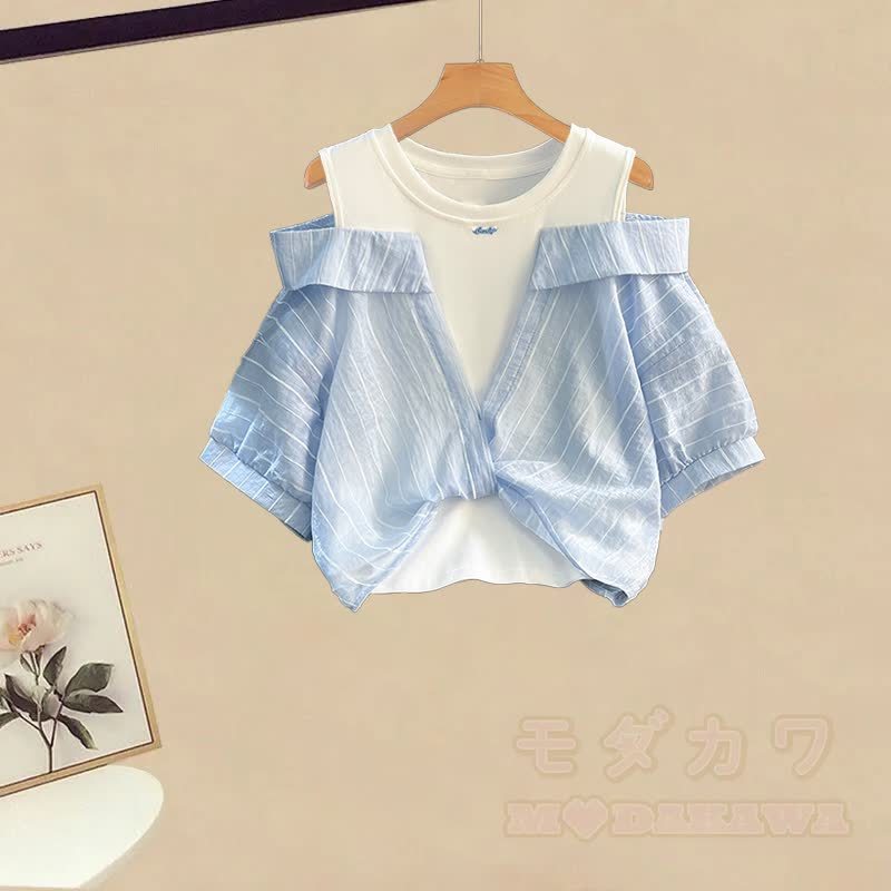 Unregelmäßiges Oberteil mit Schleife, passender Rock, Outfit - Blue Top (Einzeln) - XL - image 3