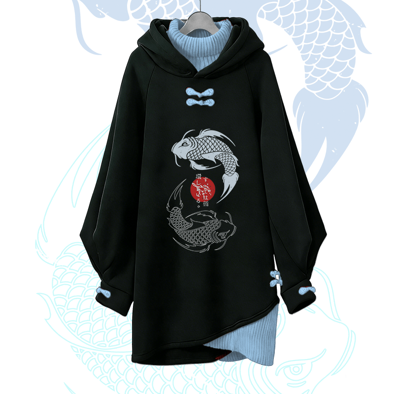 Koi-Grafik Modakawa Schnalle Vintage Kapuzenpullover Kleid - Blue - 3XL - image 2