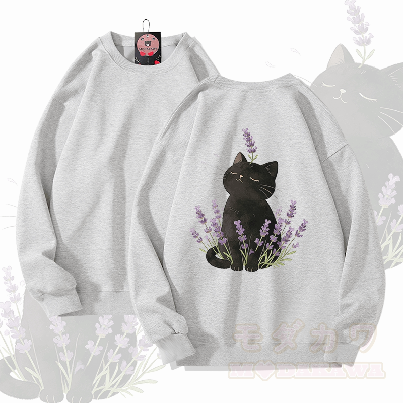 Modakawa Unisex-Sweatshirt mit Lavendel- und schwarzem Katzenmotiv - Grau - 5XL - image 3