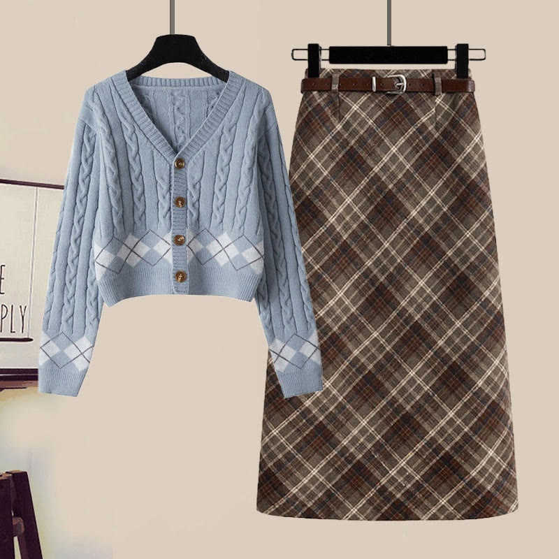 Strickjacke, Gürtel, Karorock, passendes Outfit - Set C - XL - image 3