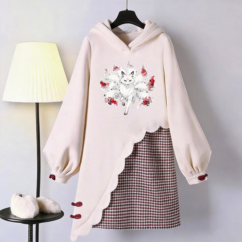 Vintage Kapuzenpullover-Kleid mit Modakawa-Schnalle und neunschwänzigem Fuchs-Motiv - Apricot - 3XL - image 2