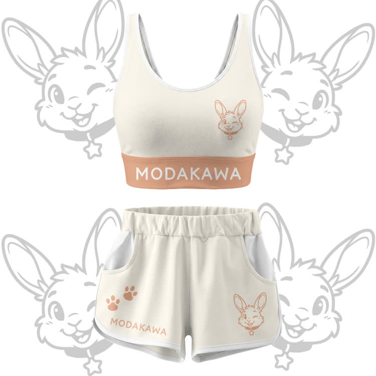Wink Bunny Grafik Crop Tank Sport Top Shorts Bikini Modakawa passendes Outfit - Beige Set - 5XL - image 12