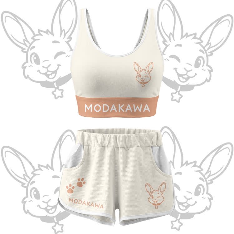 Wink Bunny Grafik Crop Tank Sport Top Shorts Bikini Modakawa passendes Outfit - Beige Set - 5XL - image 12