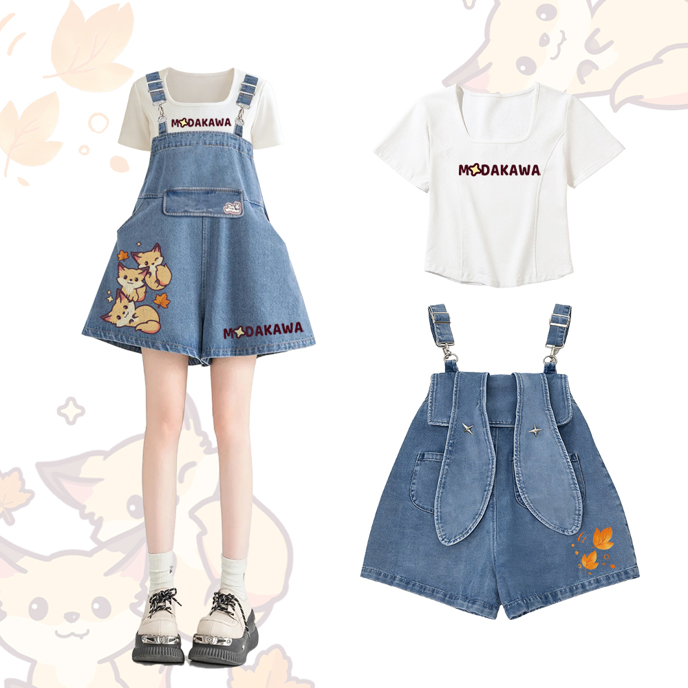 Zweiteiliges Set von Modakawa: Fuchs-Grafik-T-Shirt mit eckigem Ausschnitt, Jeans-Latzhose mit Hasenohren - Set B - 2XL - image 2