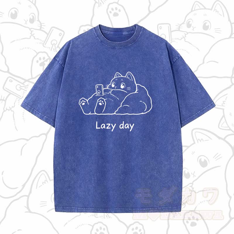 MODAKAWA LAZY DAY Kurzarm-T-Shirt mit niedlichem Katzenprint - Blau B - 5XL - image 11