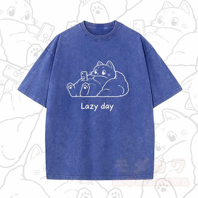 MODAKAWA LAZY DAY Kurzarm-T-Shirt mit niedlichem Katzenprint - Blau B - 5XL - image 11