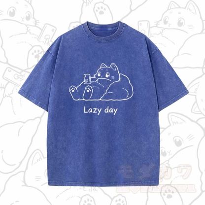 MODAKAWA LAZY DAY Kurzarm-T-Shirt mit niedlichem Katzenprint - Blau B - 5XL - image 11