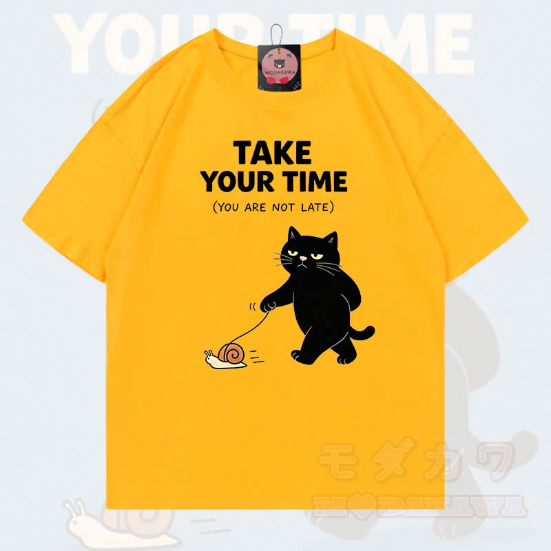 MODAKAWA TAKE YOUR TIME Katzenmotiv T-Shirt aus 100 % Baumwolle - Leuchtend gelb - 5XL - image 16