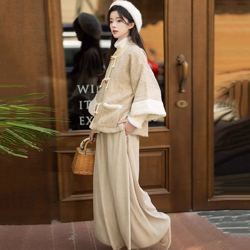 Vintage-Jacke mit quadratischem Ausschnitt, Oberteil mit Schnalle, Hose mit weitem Bein, dreiteiliges Set - image 7