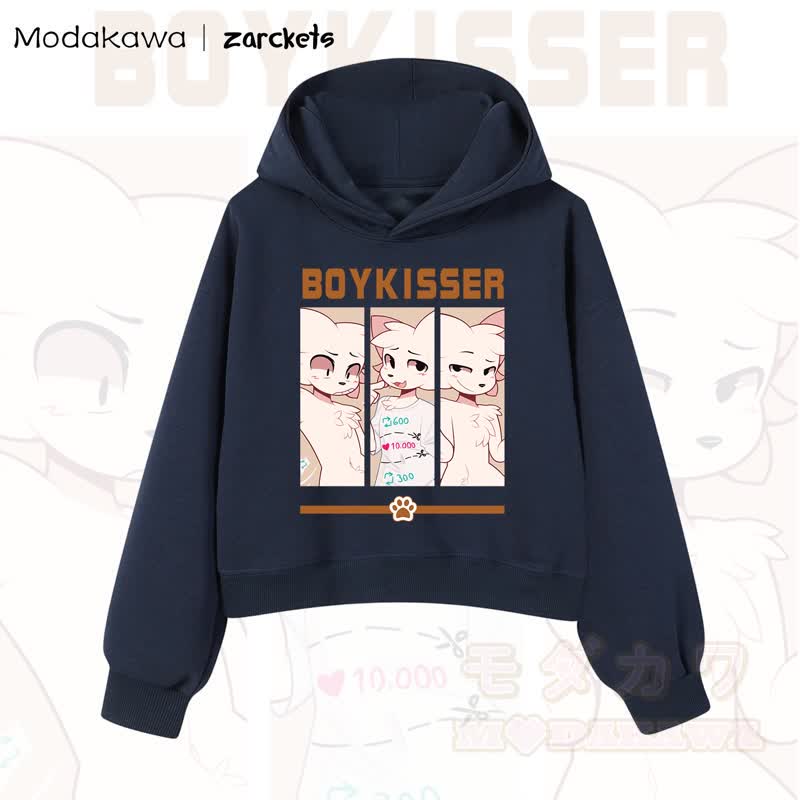 MODAKAWA X zarckets BOYKISSER Cropped Cotton Hoodie mit Katzenmotiv - Marineblau - 3XL - image 10