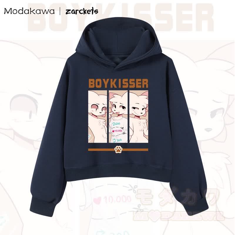 MODAKAWA X zarckets BOYKISSER Cropped Cotton Hoodie mit Katzenmotiv - Marineblau - 3XL - image 10