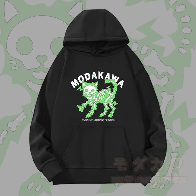 MODAKAWA Schwergewichtiger Hoodie mit elektrisiertem Skelettkatzen-Motiv - Schwarz B - 2XL - image 8