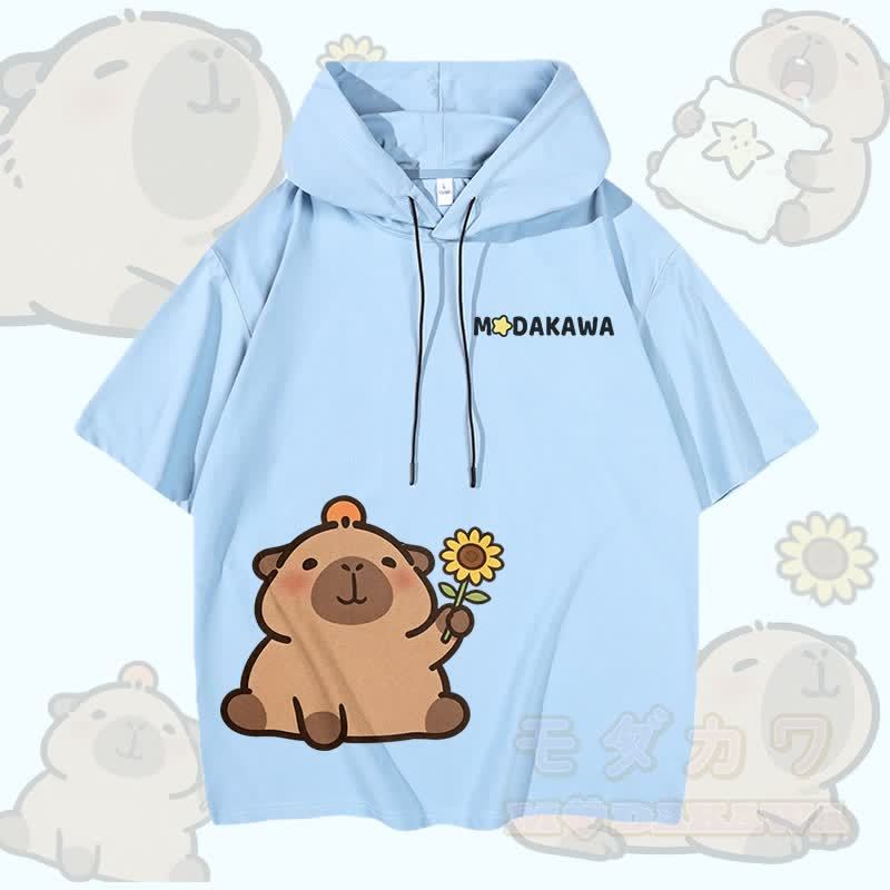 Modakawa Kurzarm-Hoodie mit Sonnenblumen-Capybara-Motiv - Himmelblau - 3XL - image 3