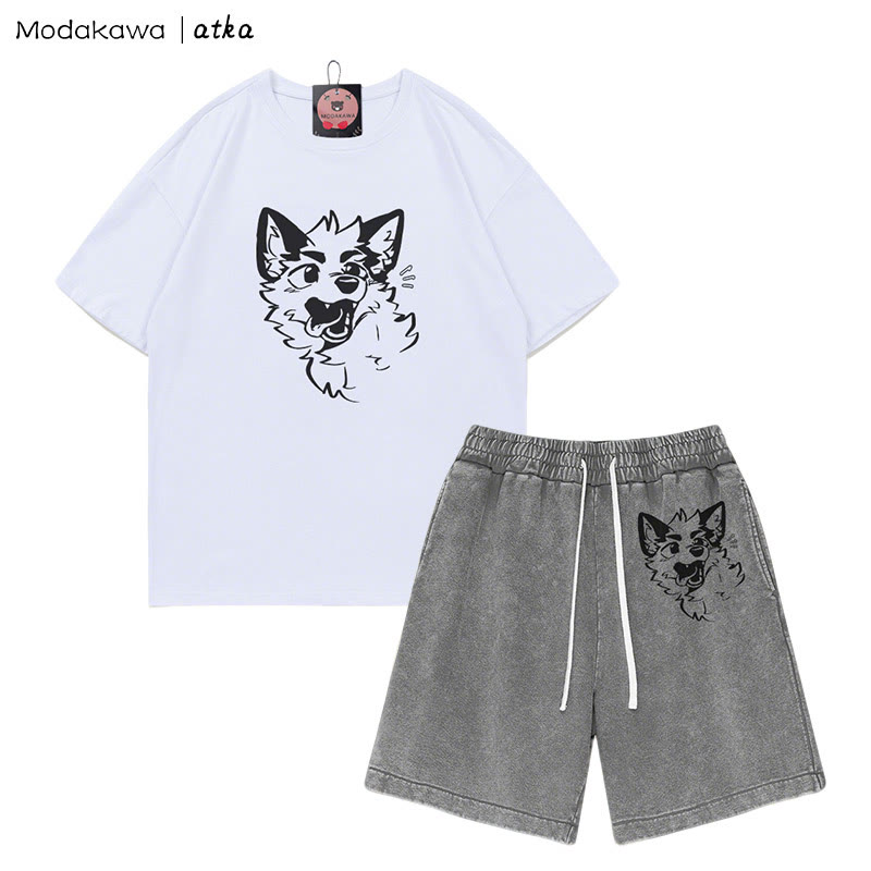 MODAKAWA X atka Verspieltes T-Shirt mit Fuchsgesicht-Grafik und verwaschenen Vintage-Shorts, zweiteiliges Set - White&Grey - 3XL - image 6