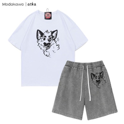 MODAKAWA X atka Verspieltes T-Shirt mit Fuchsgesicht-Grafik und verwaschenen Vintage-Shorts, zweiteiliges Set - White&Grey - 3XL - image 6