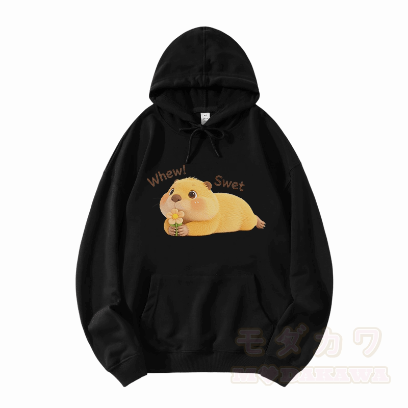 WHEW SWET Capybara Graphic Modakawa Loose Cotton-Blend Hoodie - Schwarz - 5XL - image 3