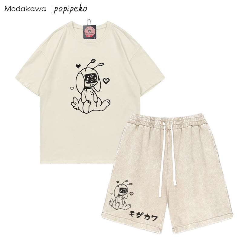 T-Shirt mit Robot Bunny-Grafik und verwaschenen Vintage-Shorts, zweiteiliges Set - Beige - 3XL - image 5