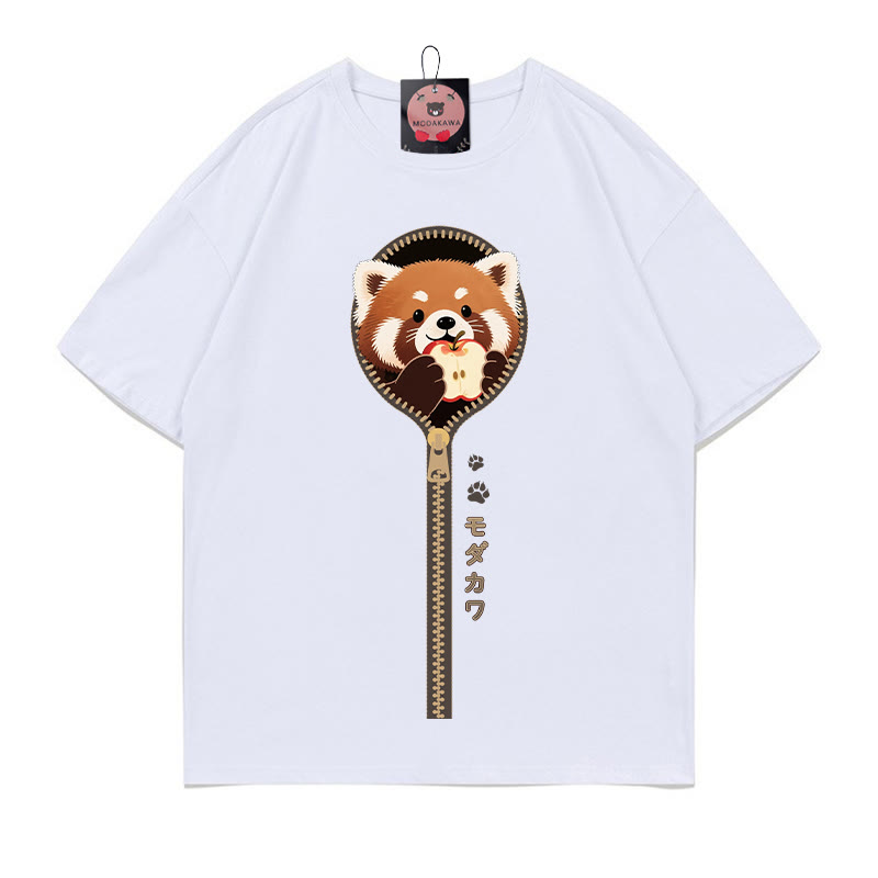 Modakawa T-Shirt mit Reißverschlussprint und rotem Panda-Motiv, 100 % Baumwolle - White - 5XL - image 3