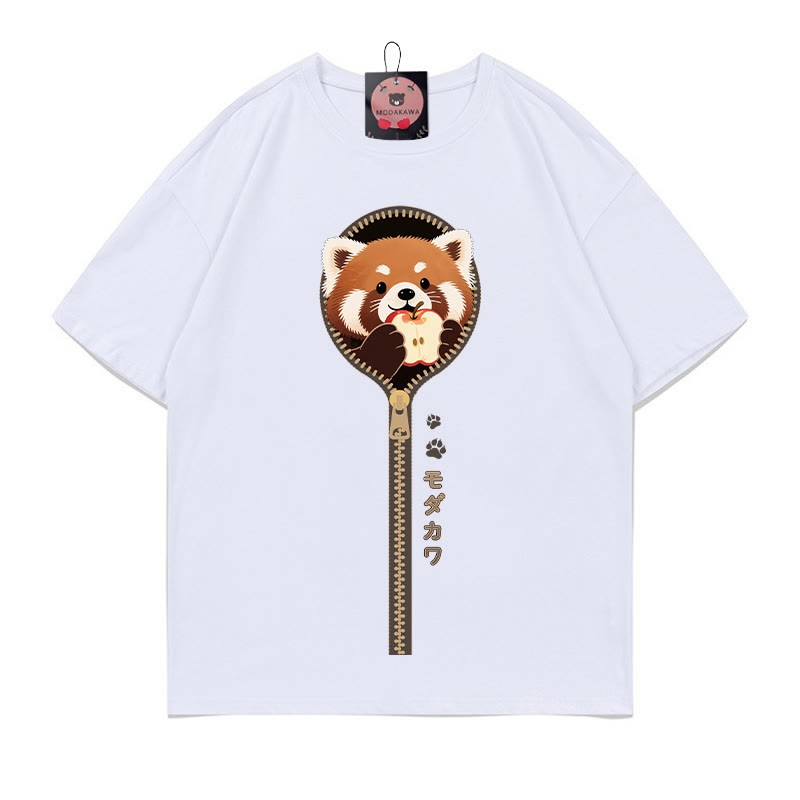 Modakawa T-Shirt mit Reißverschlussprint und rotem Panda-Motiv, 100 % Baumwolle - White - 5XL - image 3