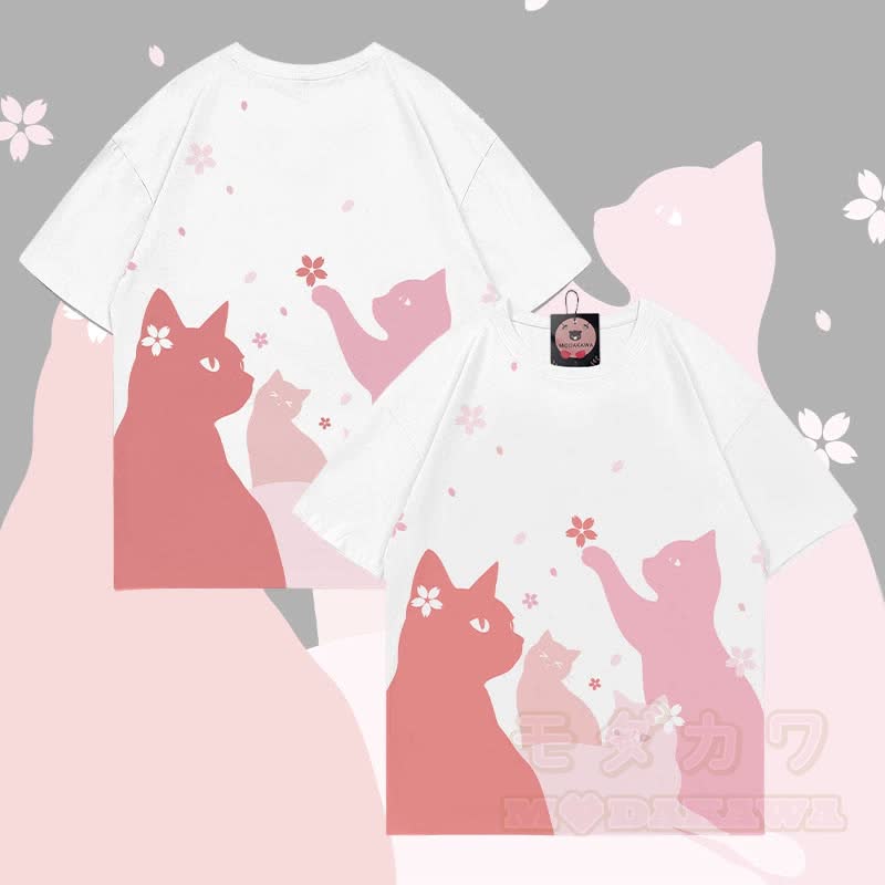 MODAKAWA Sakura Katzen-Grafik-Allover-Print-T-Shirt - Weiß - 5XL - image 3