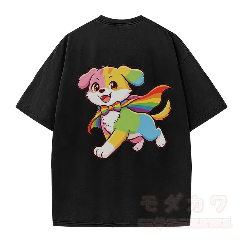 Modakawa Vintage T-Shirt mit Regenbogenwelpen-Motiv, gewaschen aus 100 % Baumwolle - image 3