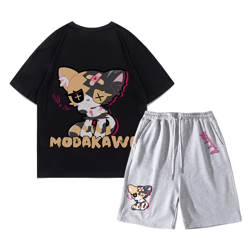 Sad Kitty Grafik Dark Aesthetic T-Shirt Shorts Zweiteiliges Set - Schwarz&Grau - A - 5XL - image 16