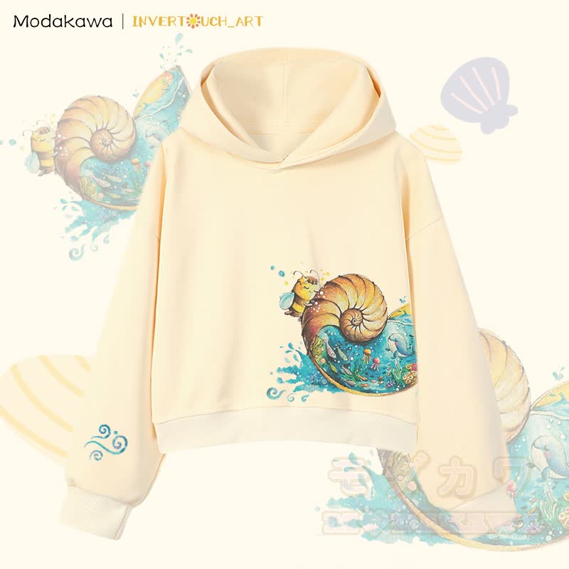 MODAKAWA X INVERTOUCH_ART Ocean Shell Bee Graphic Modakawa Cropped Cotton Hoodie - Aprikose A - 3XL - image 10