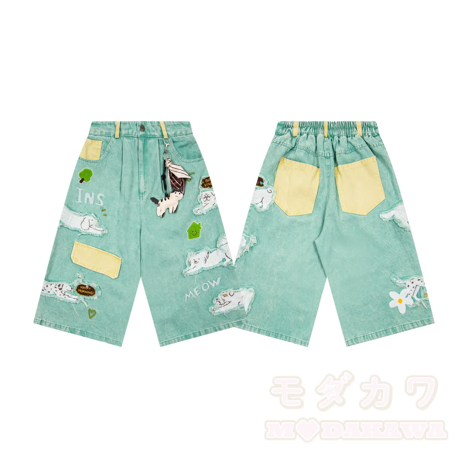 Vintage-Cartoon-Welpen-Patch-bestickte Jeans-Caprihose mit niedlichem Charm-Set - image 4