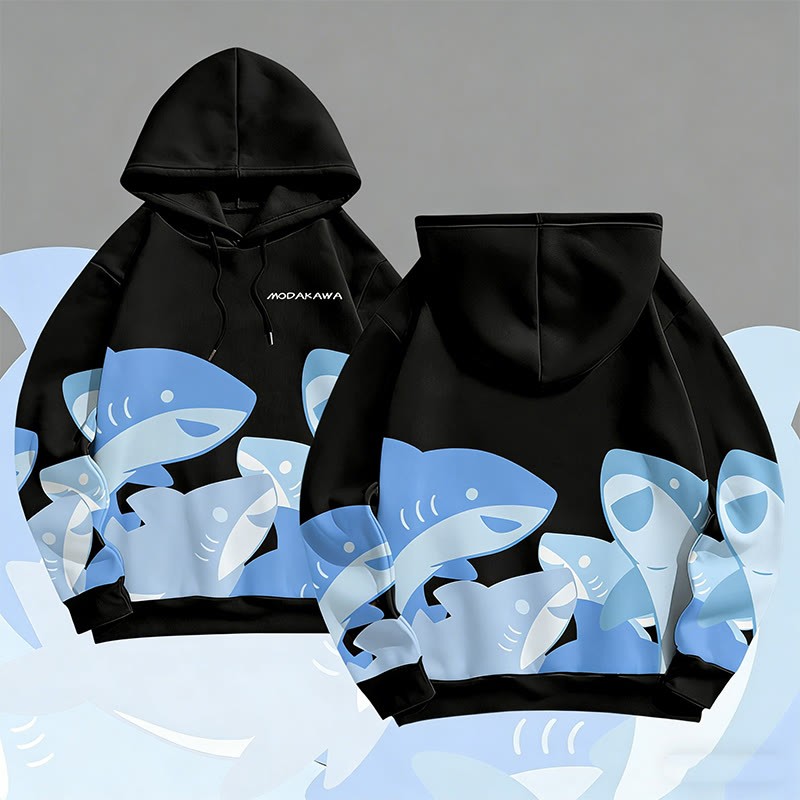 MODAKAWA Pullover-Hoodie mit lustigem Hai-Motiv und Allover-Print - Black - 6XL - image 4
