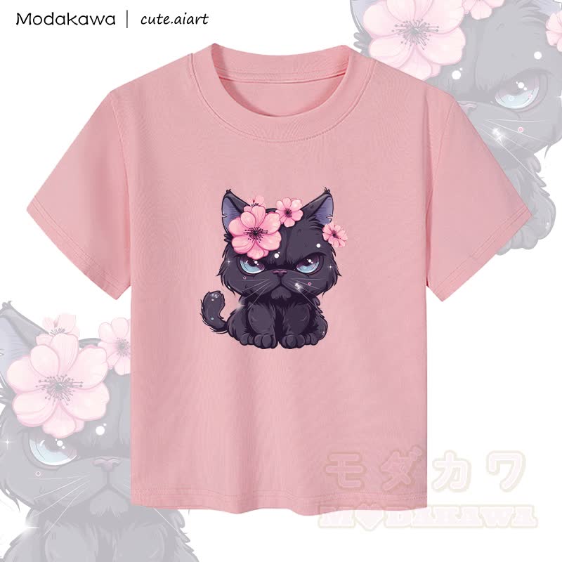 MODAKAWA X cute.aiart Crop-Top für Damen mit Blumen-Katzenmotiv, 92 % gekämmte Baumwolle - Rosa - XL - image 3