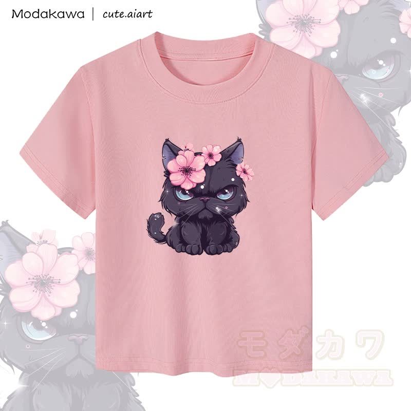 MODAKAWA X cute.aiart Crop-Top für Damen mit Blumen-Katzenmotiv, 92 % gekämmte Baumwolle - Rosa - XL - image 3