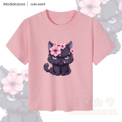 MODAKAWA X cute.aiart Crop-Top für Damen mit Blumen-Katzenmotiv, 92 % gekämmte Baumwolle - Rosa - XL - image 3