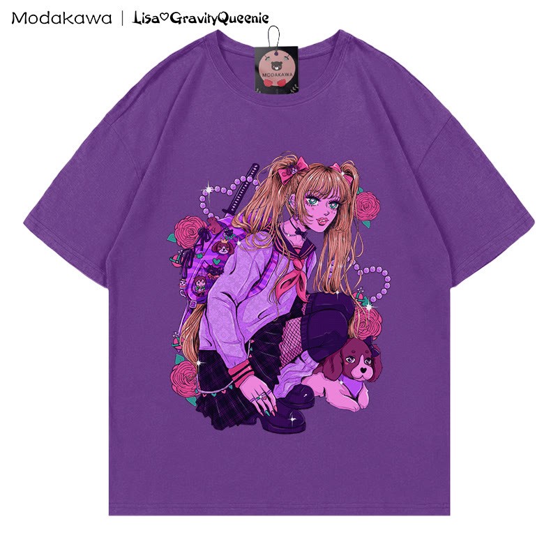 Retro Punk Girl Grafik T-Shirt - Dunkelviolett - 5XL - image 5