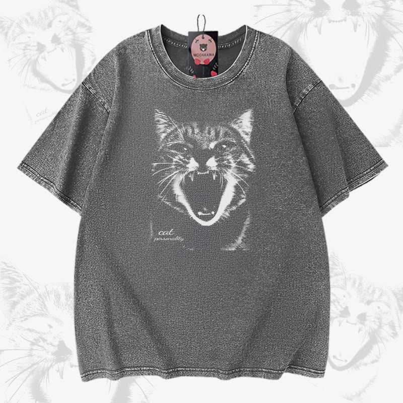 Modakawa Unisex Vintage T-Shirt mit schreiender Katze (Modakawa-Motiv) - Grey - 5XL - image 3