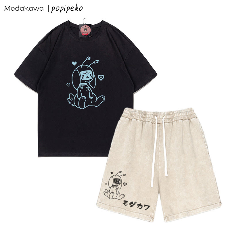 T-Shirt mit Robot Bunny-Grafik und verwaschenen Vintage-Shorts, zweiteiliges Set - Black&Apricot - 3XL - image 6