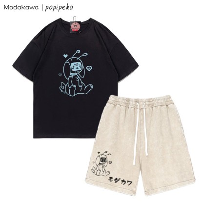 T-Shirt mit Robot Bunny-Grafik und verwaschenen Vintage-Shorts, zweiteiliges Set - Black&Apricot - 3XL - image 6