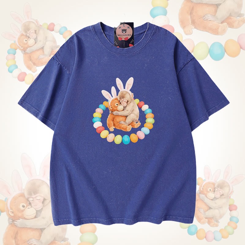 Modakawa Unisex Vintage Washed T-Shirt mit Osterei-Affen-Motiv - Blue - 5XL - image 3