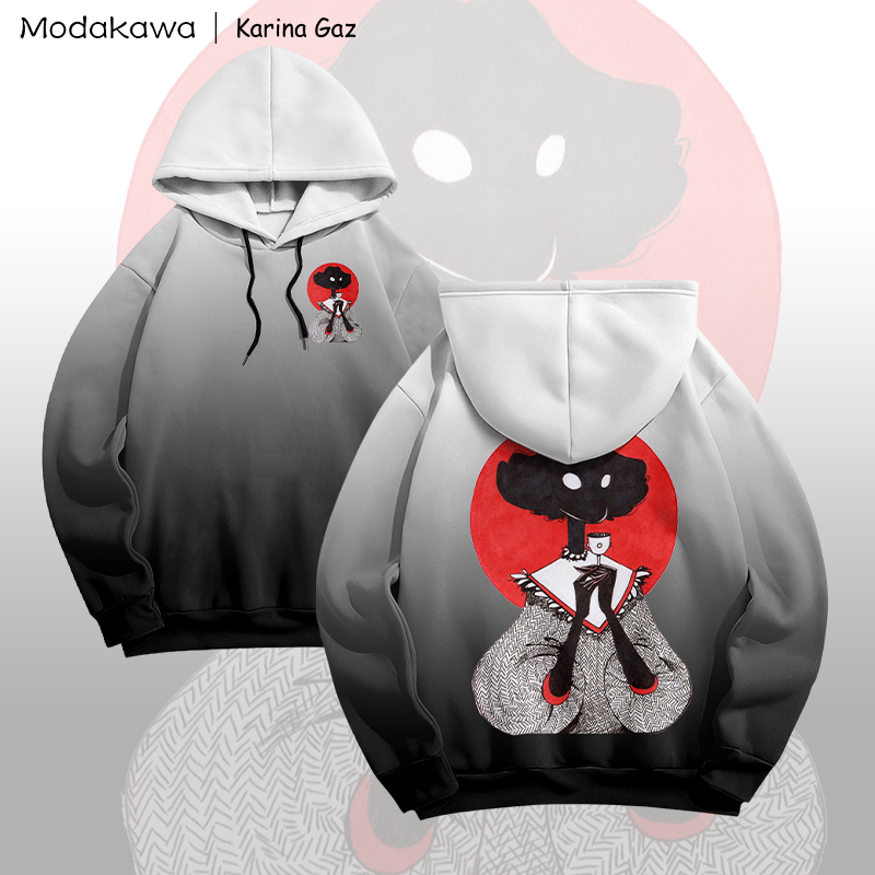MODAKAWA X Karina Gaz Lady Graphic Gradient Pullover Hoodie - White & Black - 6XL - image 2