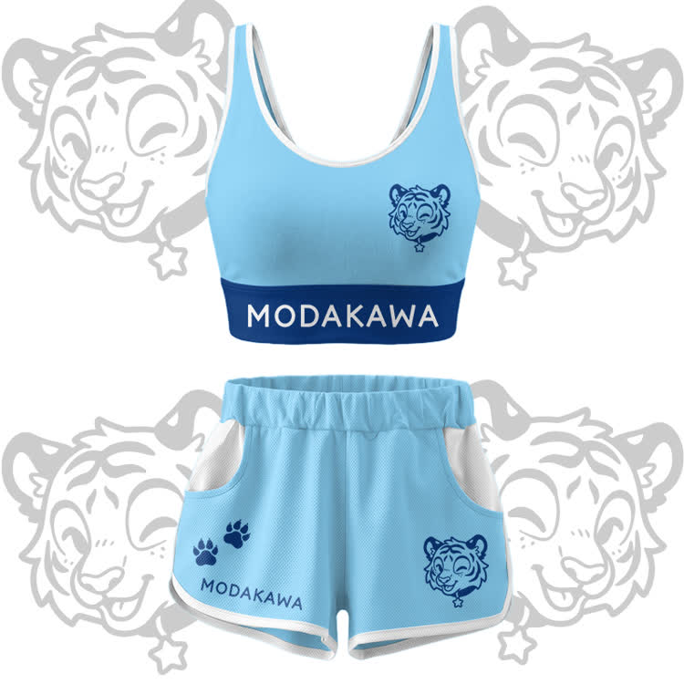 Happy Tiger Grafik Crop Tank Sport Top Shorts Bikini Modakawa passendes Outfit - Blue Set - 5XL - image 15