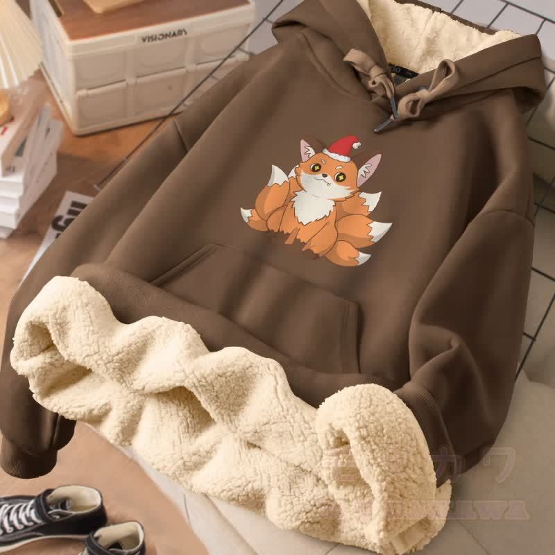 MODAKAWA Weihnachtlicher Winterhoodie mit neunschwänzigem Fuchsmotiv, dick gefüttert mit Fleece - Braun - 2XL - image 3