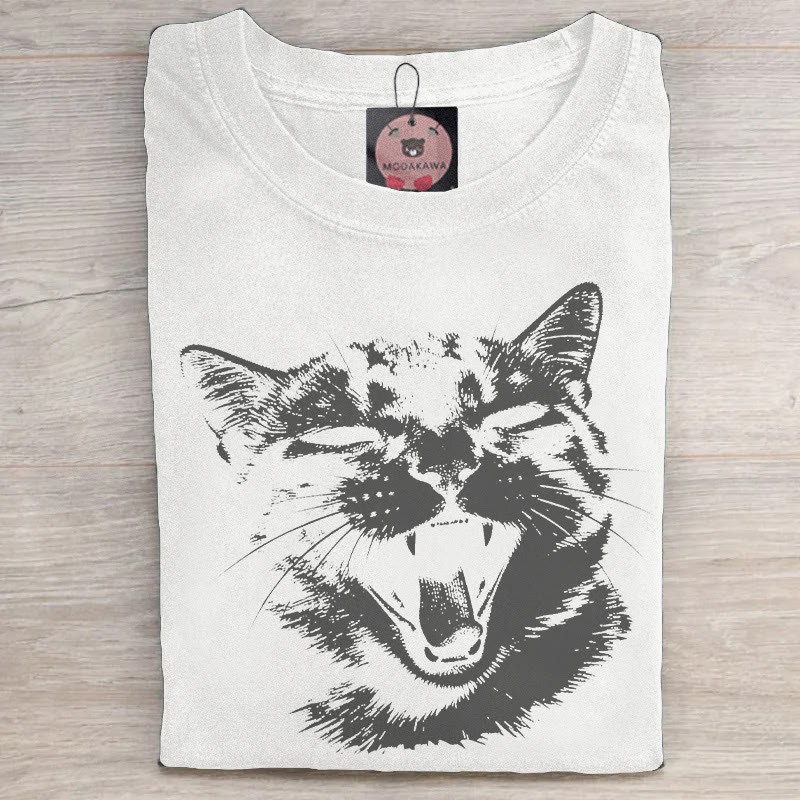 MODAKAWA Unisex-T-Shirt mit Katzenmotiv im Vintage-Stil, gewaschen - White - 5XL - image 3