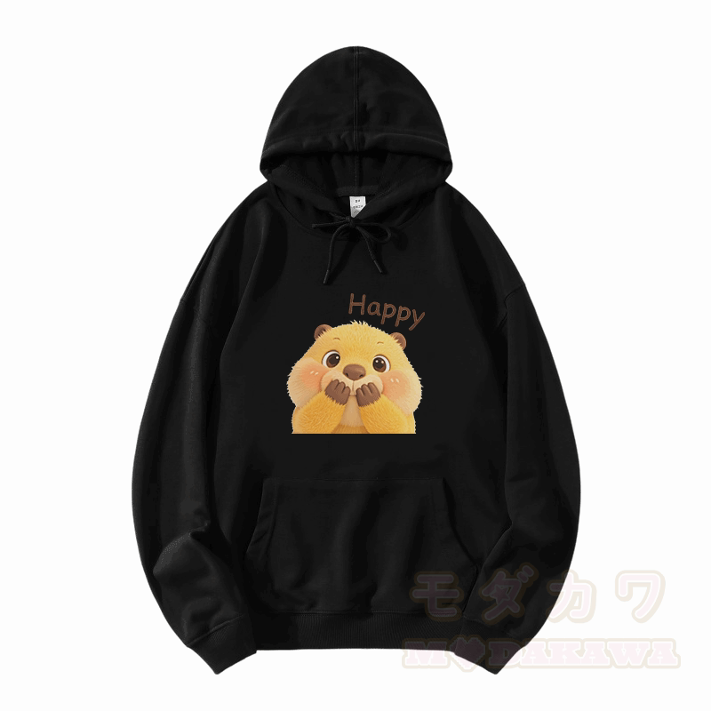 Modakawa Hoodie mit HAPPY Capybara-Modifikationsmotiv und lockerer Passform aus Baumwollmischgewebe - Schwarz - 5XL - image 3