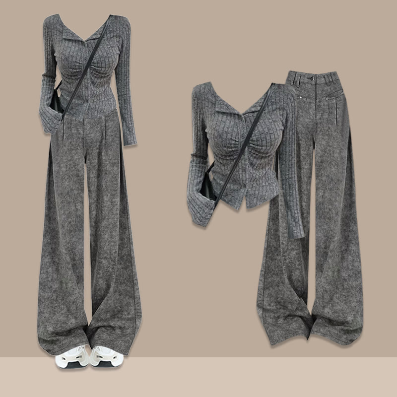 Zweiteiliger Pullover mit Kreuzstrickmuster und Hose mit weitem Bein - Grau C - XL - image 3